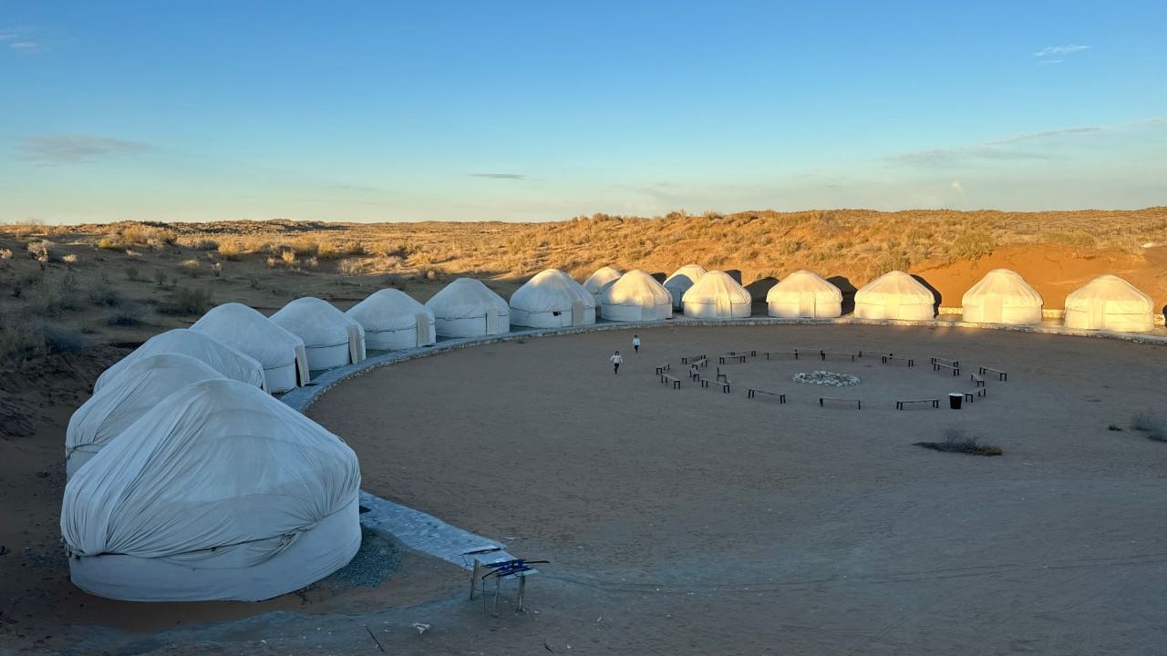 The circle of white yurts seen from the dune above, lit by low evening sun